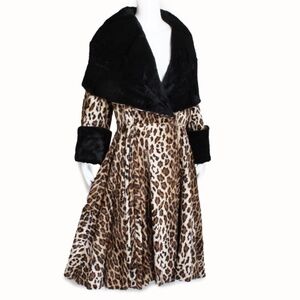 Norma Kamali OMO Faux Leopard Fur Coat Oversized Shawl Collar Vintage 80s Rare L